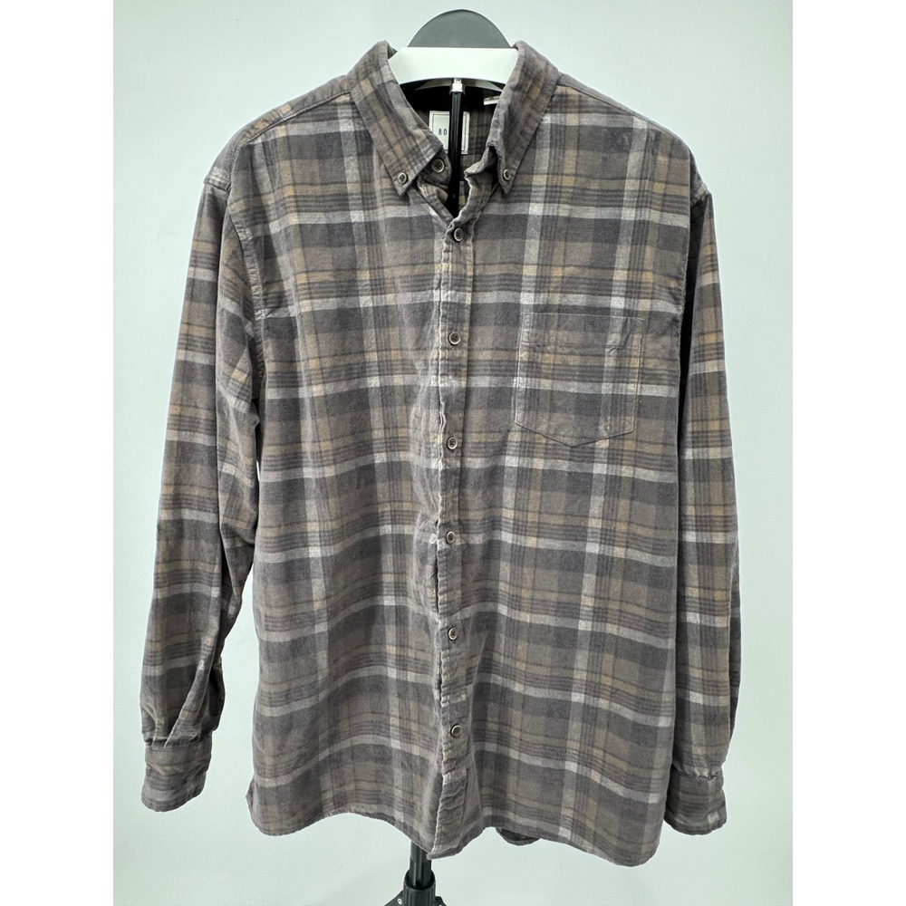 ROWM Mens XL Corduroy Plaid Button Down Shirt Grey Brown Cotton Long Sleeve